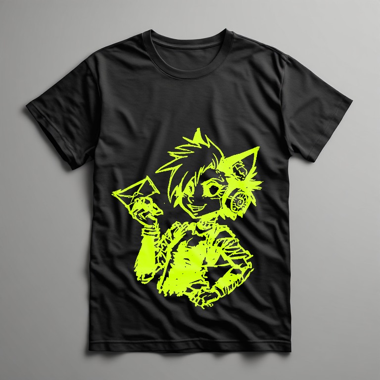 a black t-shirt with miki's ink line portrait printed in lime on the chest