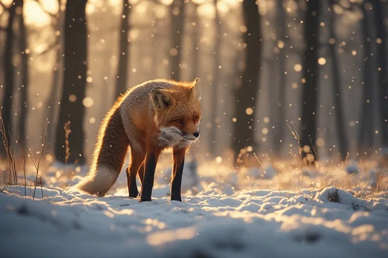 Zorro rojo generado por H.E.X. en un bosque nevado