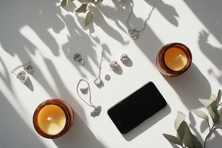 Bright flat lay product photo of handmade candles and jewelry taken with a phone for an Etsy listing