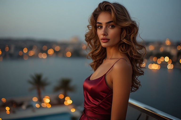 Deniz manzaralı çatı terasında gün batımında genç kadın