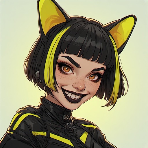 miki, neon-striped, grinning