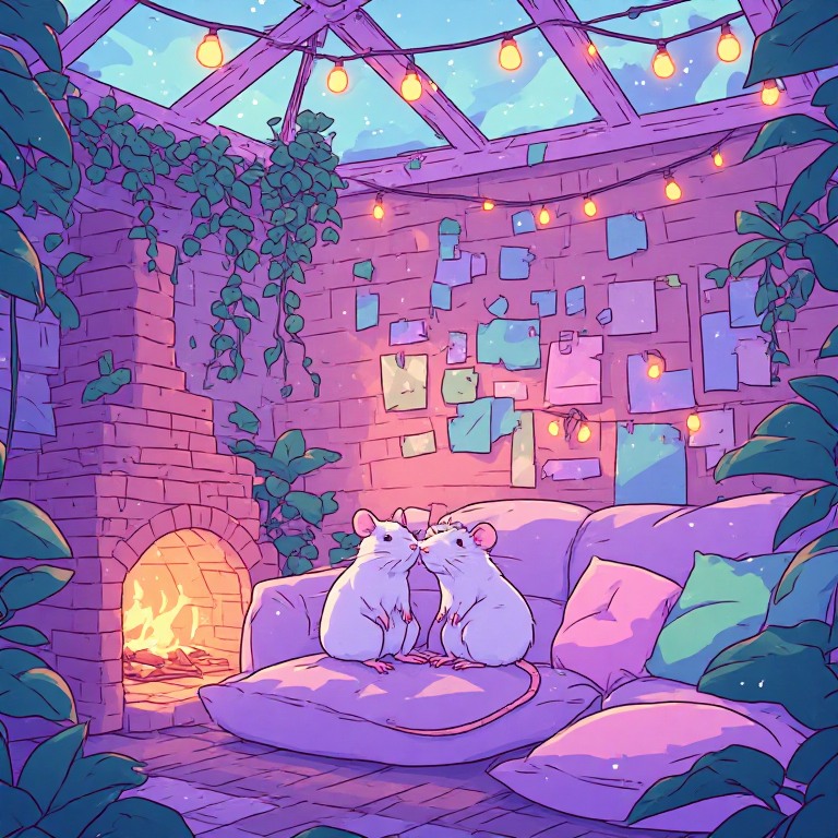 chari's new realm — a glass-roofed garden room with a warm oven, trailing plants, and a wall of pinned ideas, with two white rats on a cushion