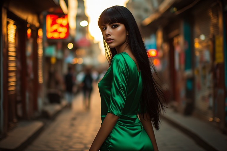 Gece şehir ışıkları altında yürüyen genç kadın