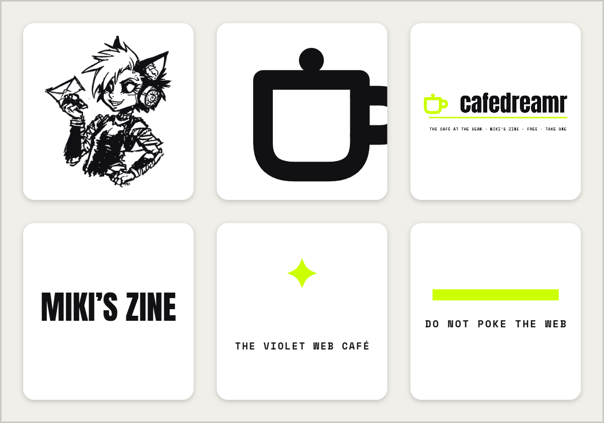 a die-cut sticker sheet with six stickers: miki's portrait, the lime coffee cup, the cafedreamr wordmark, the words miki's zine, a star, and do not poke the web