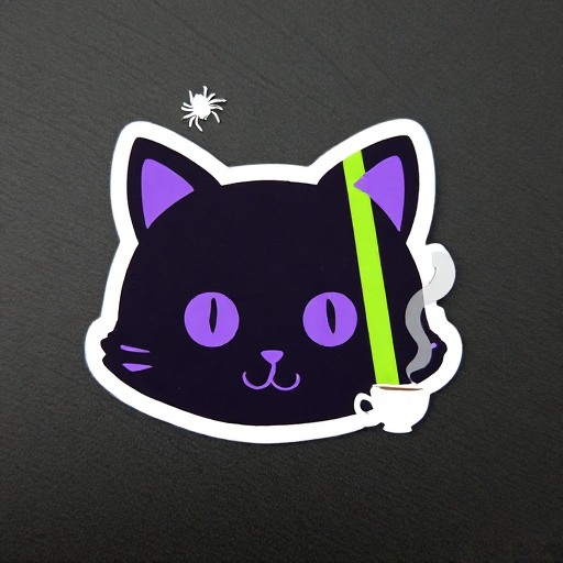 a glossy die-cut sticker of a black cat with a lime stripe, a coffee cup, and a small white spider