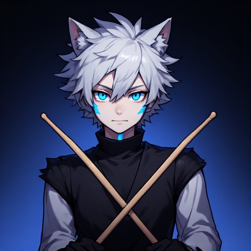 sylvestre, a violet wolf chimera holding two drumsticks, slay's identical twin