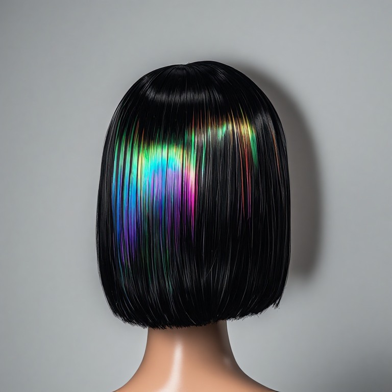 the back of a hairdresser's mannequin head wearing a blunt jet-black bob striped with iridescent holographic foil bands