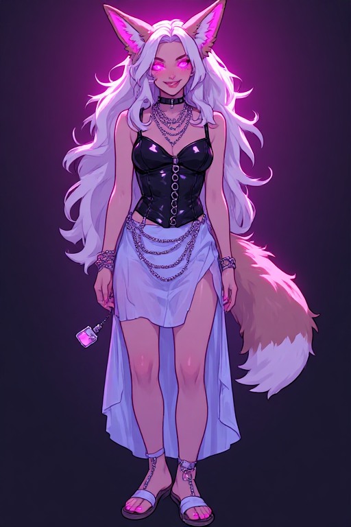 pearl, a white-haired foxgirl in a glossy black corset top and lilac slip skirt with layered silver chains