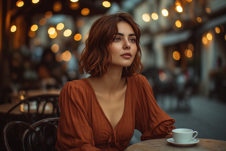 Akşam vakti bir kafede oturan genç kadın, İzmir