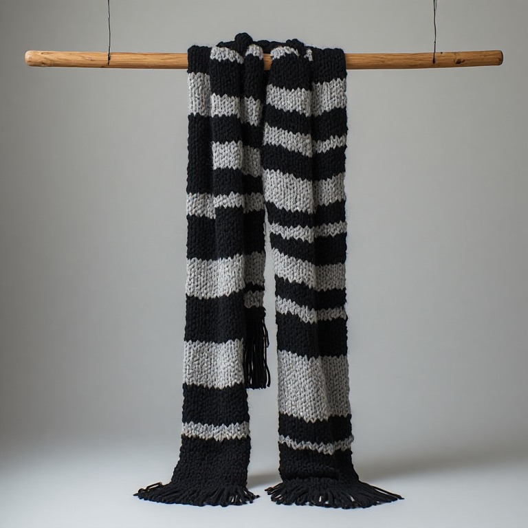 a very long chunky hand-knit scarf in bold wide black and light grey stripes, draped over a wooden rail