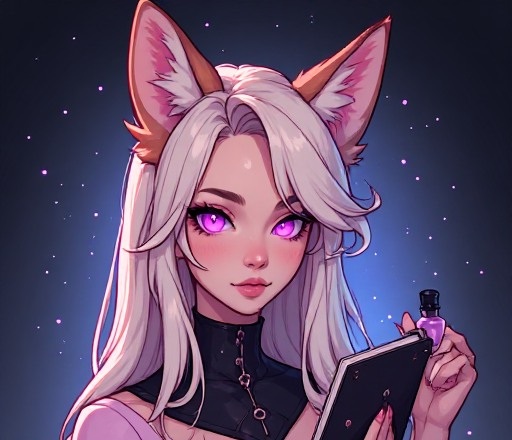 pearl, a fox chimera with copper ears holding a small notebook
