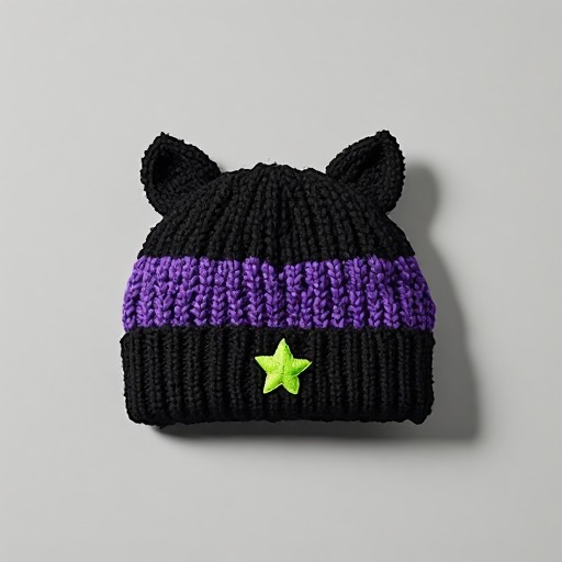 a black knit cat-ear beanie with a violet stripe and a lime star