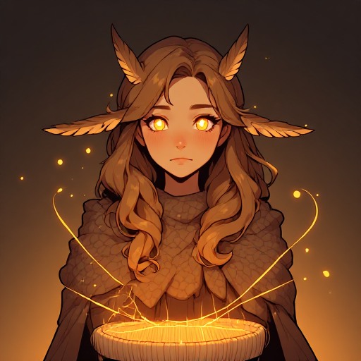 wren, a small weaver with bird-feather tufts and glowing threads
