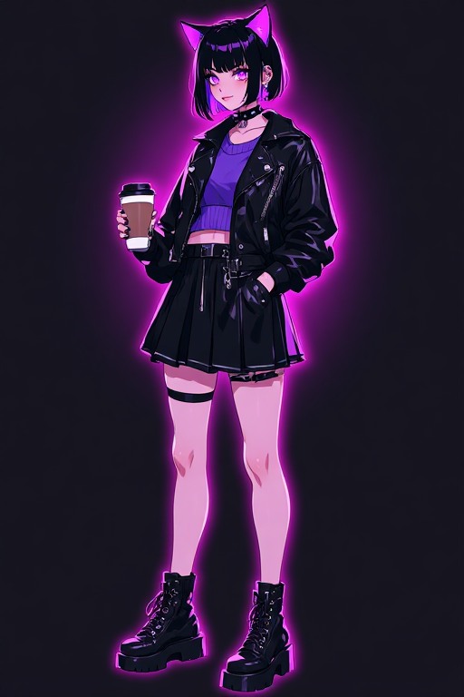 star, a goth catgirl in a black leather moto jacket, violet ribbed top and pleated mini skirt, holding a coffee