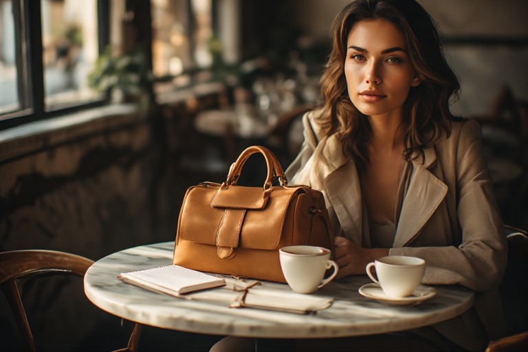 Mermer kafe masasında çanta, kahve ve not defteri