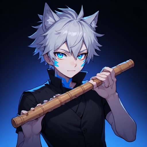 slay, an indigo wolf chimera holding his wooden waynuki flute, not yet playing