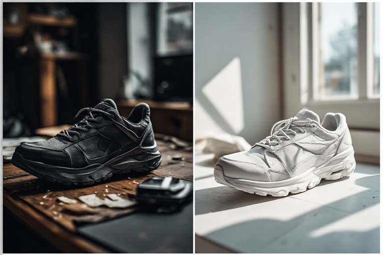 Before and after: dark blurry sneaker photo versus bright white-background product photo taken with a phone