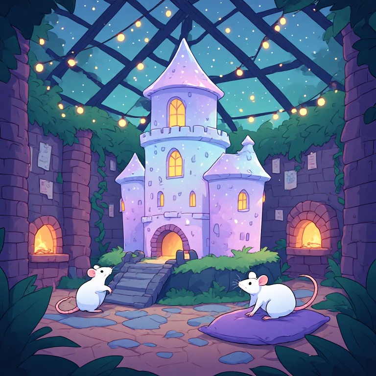 a small chunky castle of milky white opal glowing with pastel violet and mint fire, standing on a mossy stone plinth inside a glass-roofed garden room at dusk, with a warm brick oven and two white rats on a cushion in the foreground