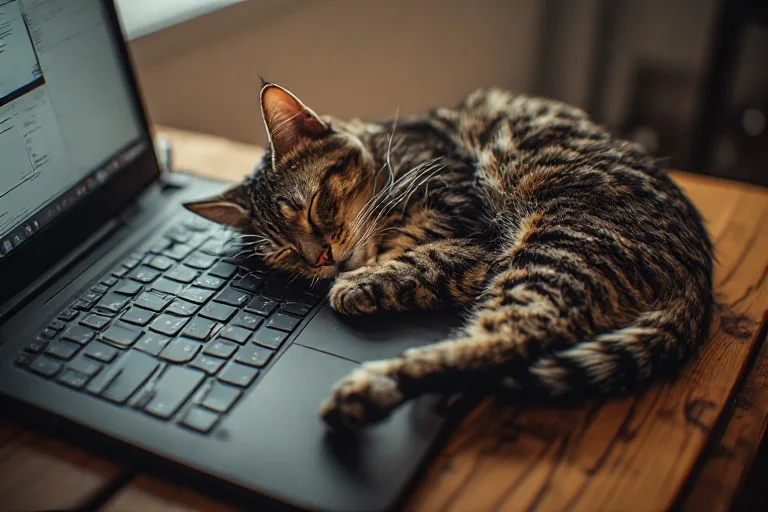 Gato atigrado dormido sobre el teclado de una laptop