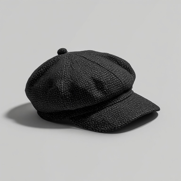 a black tweed newsboy cap with a short stiff brim and a covered button on the crown, laid flat
