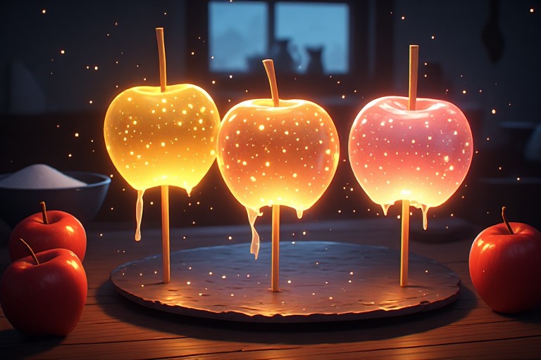 three candy apples made of glowing translucent light on wooden sticks, standing on a dark slate plate beside two ordinary red apples and a bowl of sugar