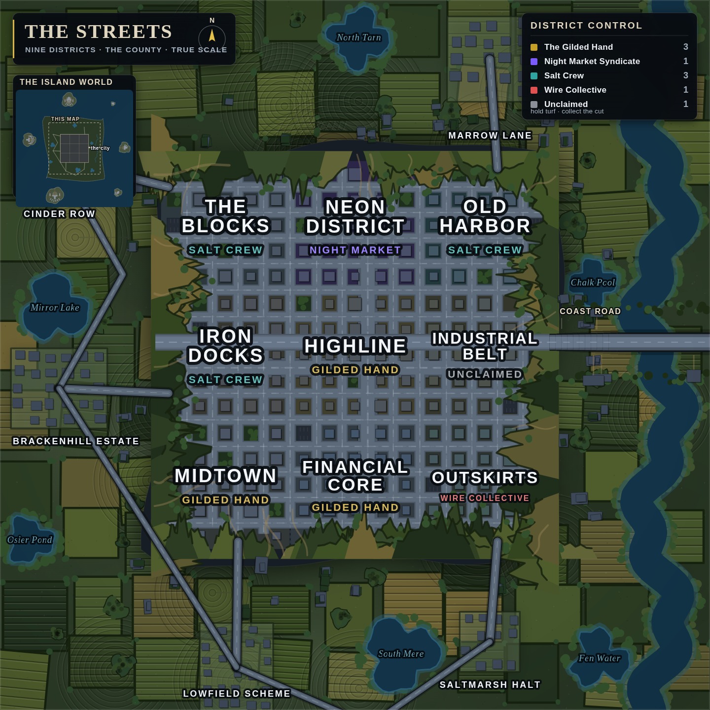 The Streets' city map — nine districts, their crews, the satellite settlements and the island world around them