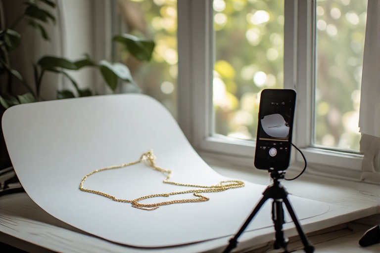 DIY phone product photography setup: smartphone on tripod photographing a necklace by window light