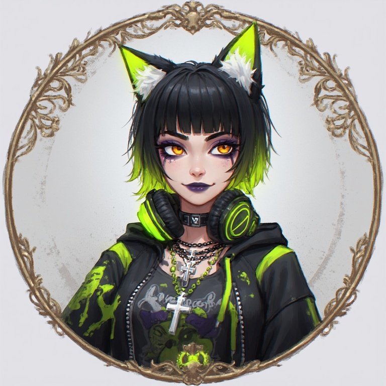 the editor — black hair melting into yellow, gold cat eyes