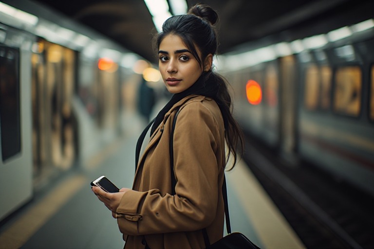 Şehir metro istasyonunda telefonuna bakan genç kadın