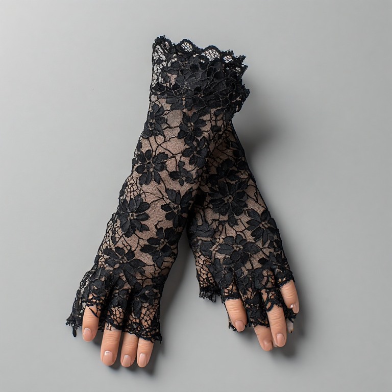 a pair of black lace fingerless gloves with the fingertips cut away, laid flat crossed over one another