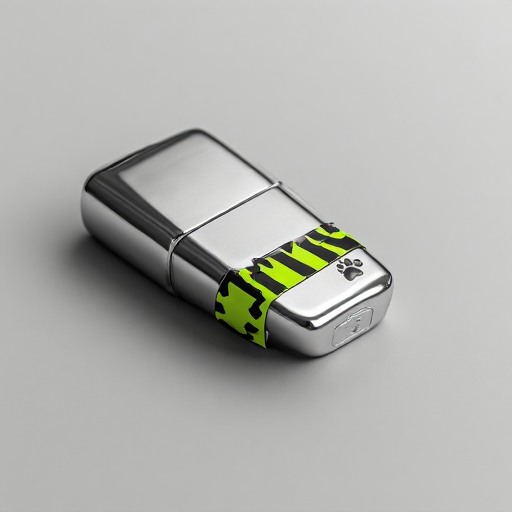 a matte chrome lighter with a lime hazard-stripe band and a paw print