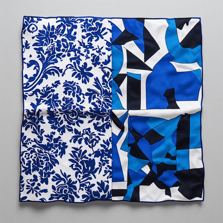 a silk scarf folded flat, its print half ornate victorian damask scrollwork in cornflower blue and half bold 1980s geometric shapes in blue and black on white