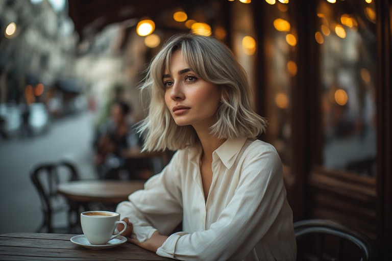 Akşam kafe terasında oturan genç kadın