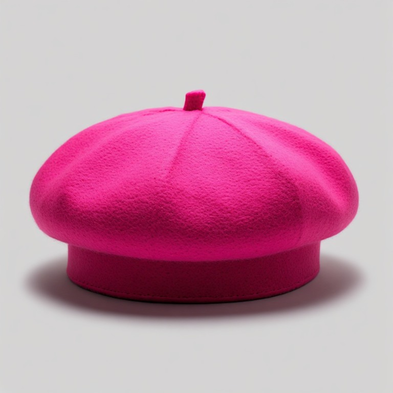 a hot pink felted wool french beret with a small tab on the crown, laid flat