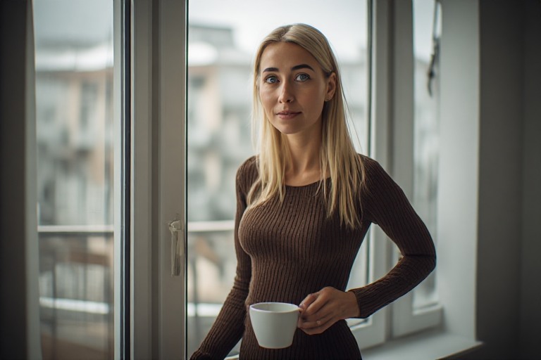 Aydınlık modern salonda pencere önünde genç kadın
