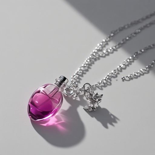 a silver necklace with a tiny glass perfume bottle charm and a fox charm