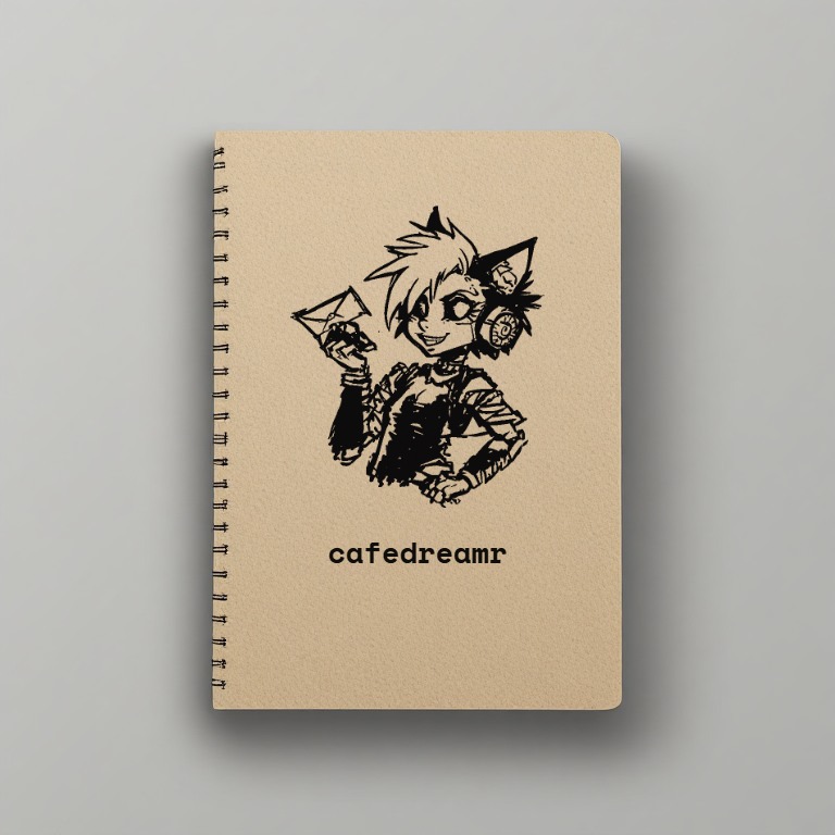 a kraft-cover notebook with miki's ink portrait printed on the cover and the word cafedreamr under it