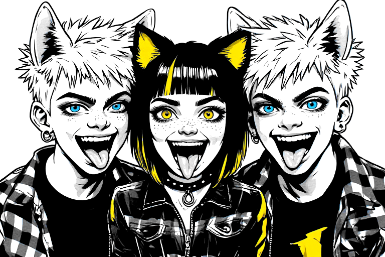 a two-ink zine plate: three characters crammed shoulder to shoulder pulling silly faces — a girl with a black bob and yellow hair streaks in the middle, and an identical white-haired boy with white wolf ears and bright blue eyes on each side, all three with their tongues out