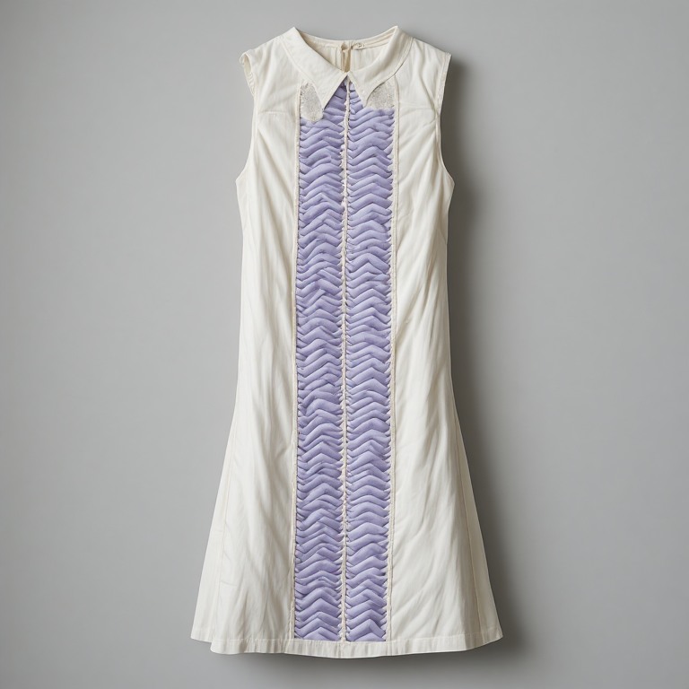 a plain bone-white sleeveless dress with a single narrow vertical panel of lavender chevrons printed down the centre front